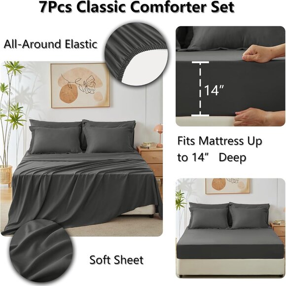 7 Pieces, Luxury Soft Bed Set for All Seasons, Bedding Set w/Down Alternative - Picture 5 of 6